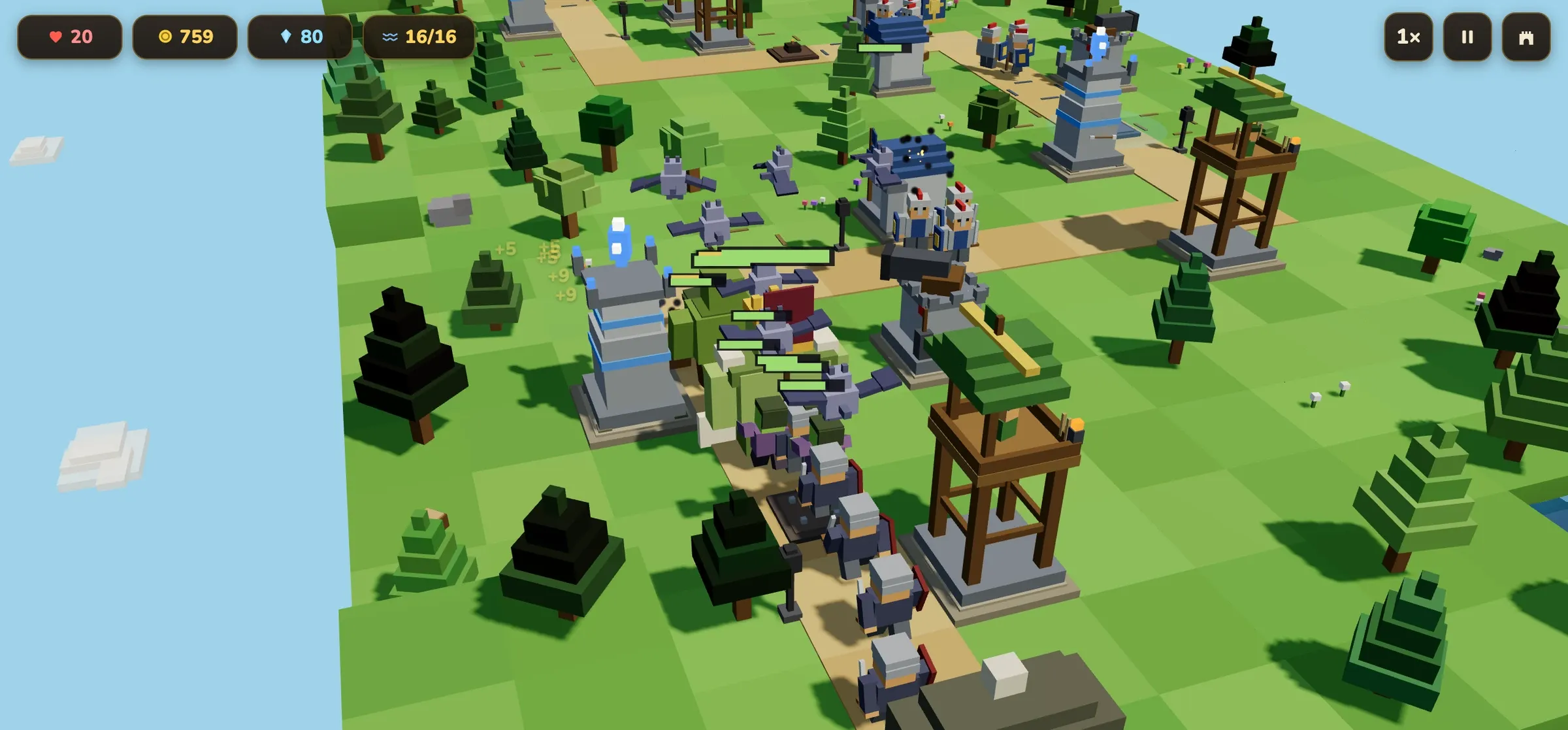 Blockhold mid-battle on Greenhollow: a column of voxel enemies walking up the road into shielded soldiers and a hero, arrow and cannon towers firing from the plots beside them, health bars and damage numbers over the fight, a gargoyle in the air.