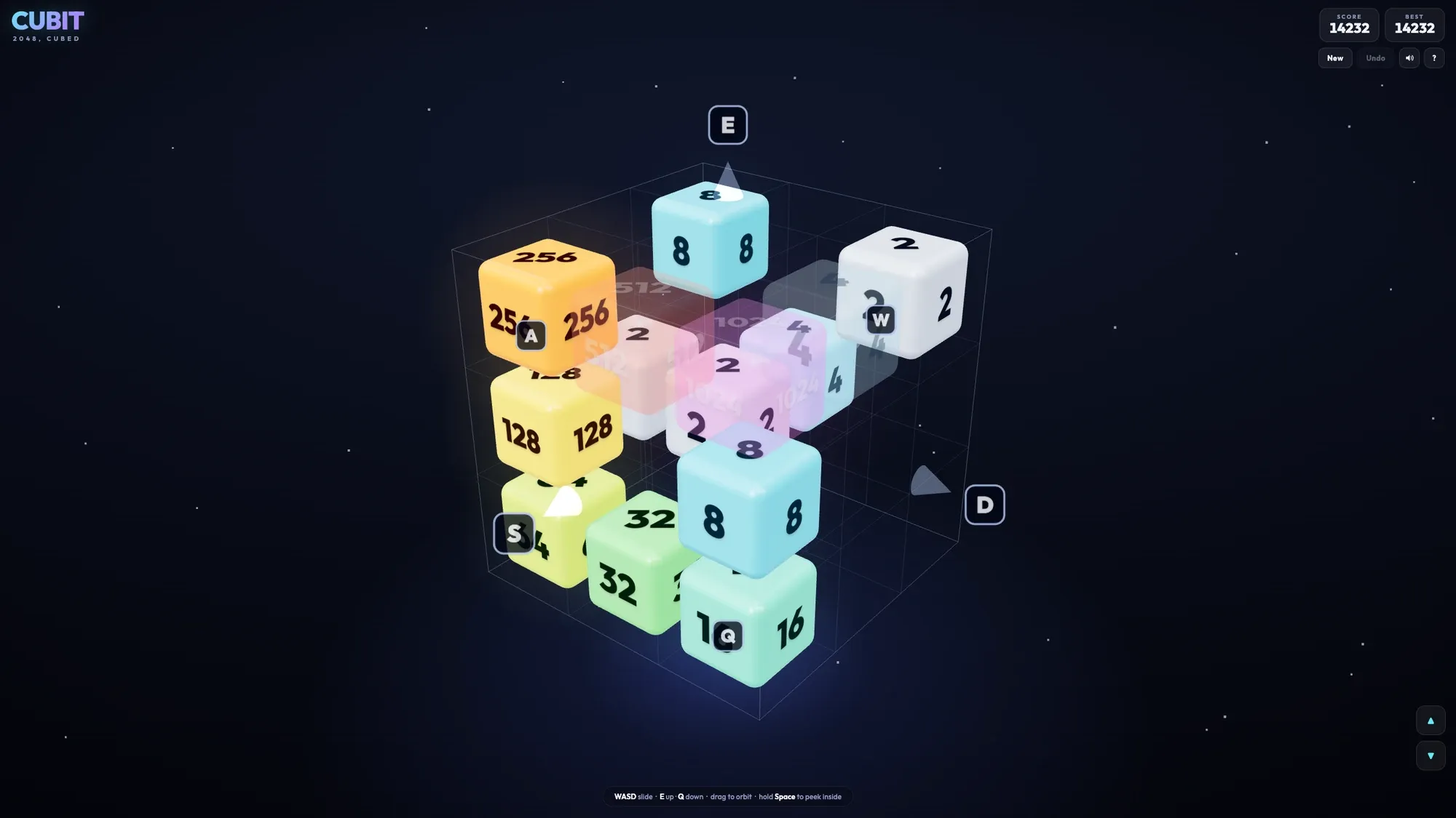 The compact Cubit board from the same game: tiles that sit between the camera and other tiles rendered translucent, so the 512 and 1024 read through the front layer.