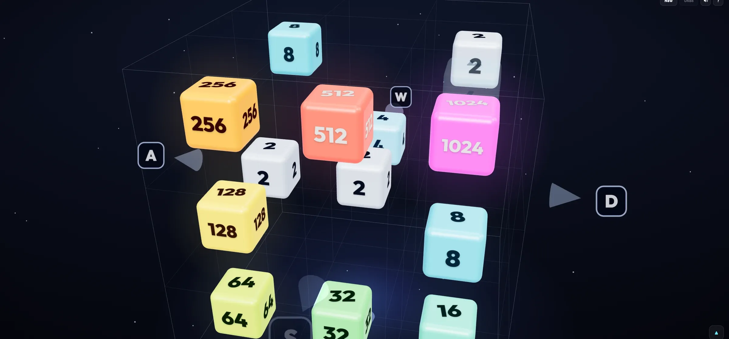 Cubit with Space held: the three layers of the 3x3x3 cube spread apart against a starfield, tiles from 2 up to a glowing pink 1024, floating keycap gizmos marking the six slide directions.