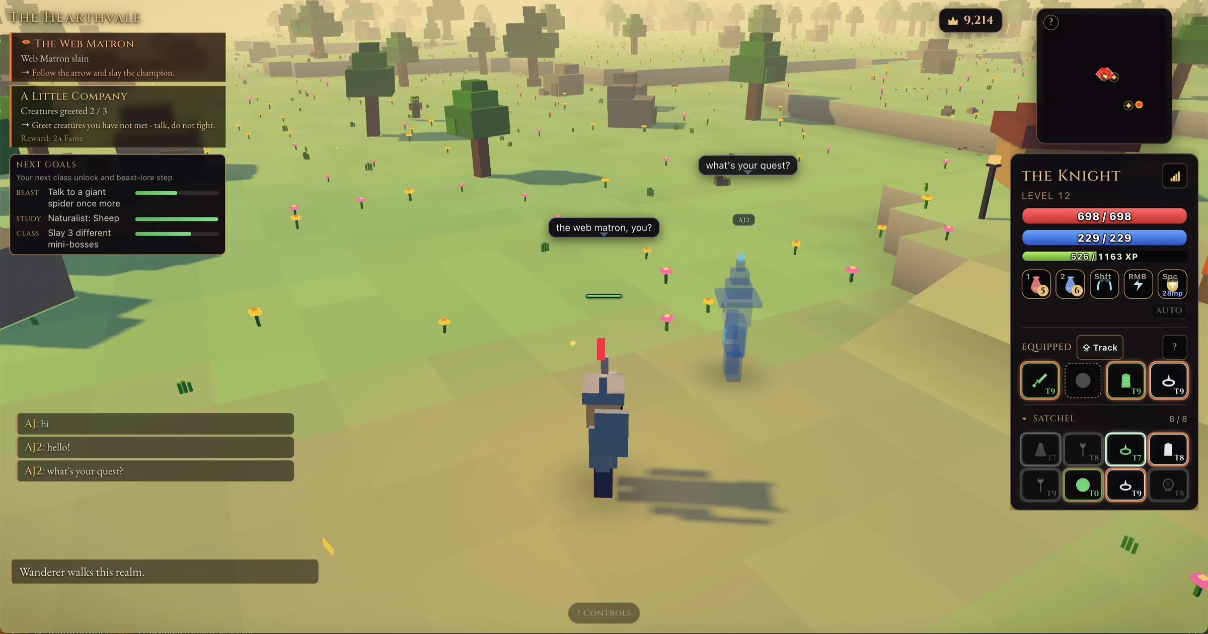 Two Ember Wilds clients side by side in the Hearthvale. Each character has a speech bubble above it and the same two lines appear in the chat log at bottom left.