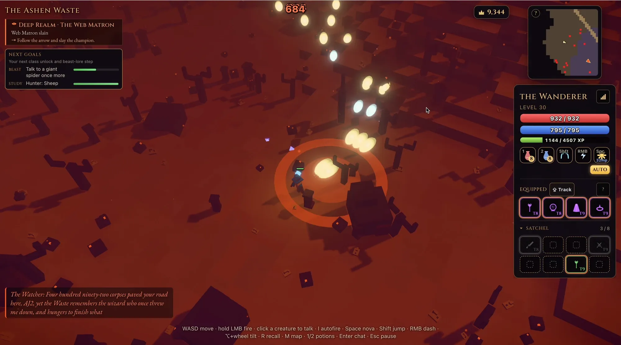 The Ashen Waste in Ember Wilds: a red-lit waste mid-combat, a white nova ring expanding from the character, damage number 684 above a creature.