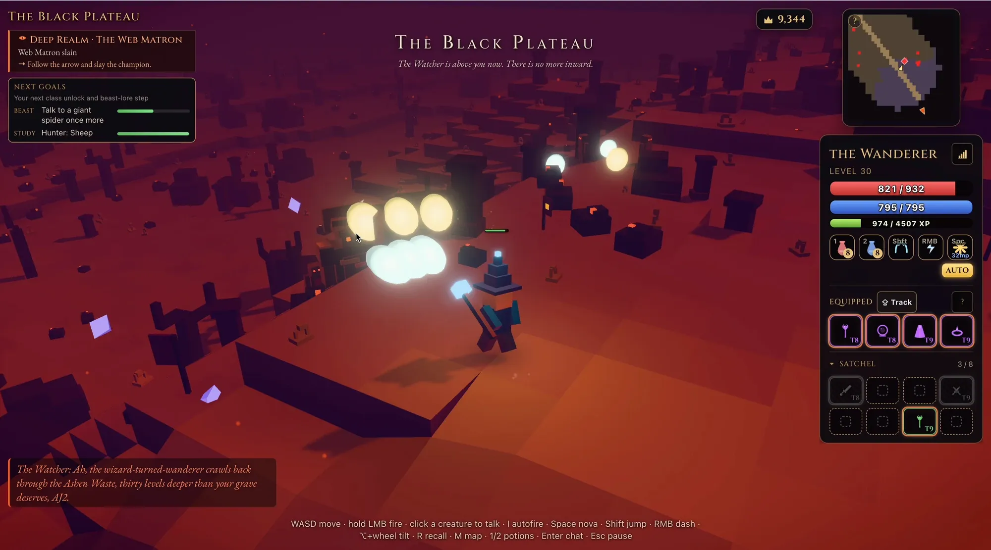 The Black Plateau in Ember Wilds: a dark red-violet plateau with the region title card centred and a lore line beneath it.