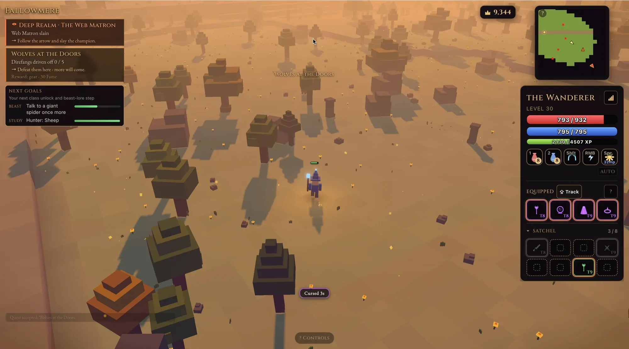 Fallowmere in Ember Wilds: a dusty orange plain of voxel trees at dusk, embers drifting, a level thirty character in the centre.