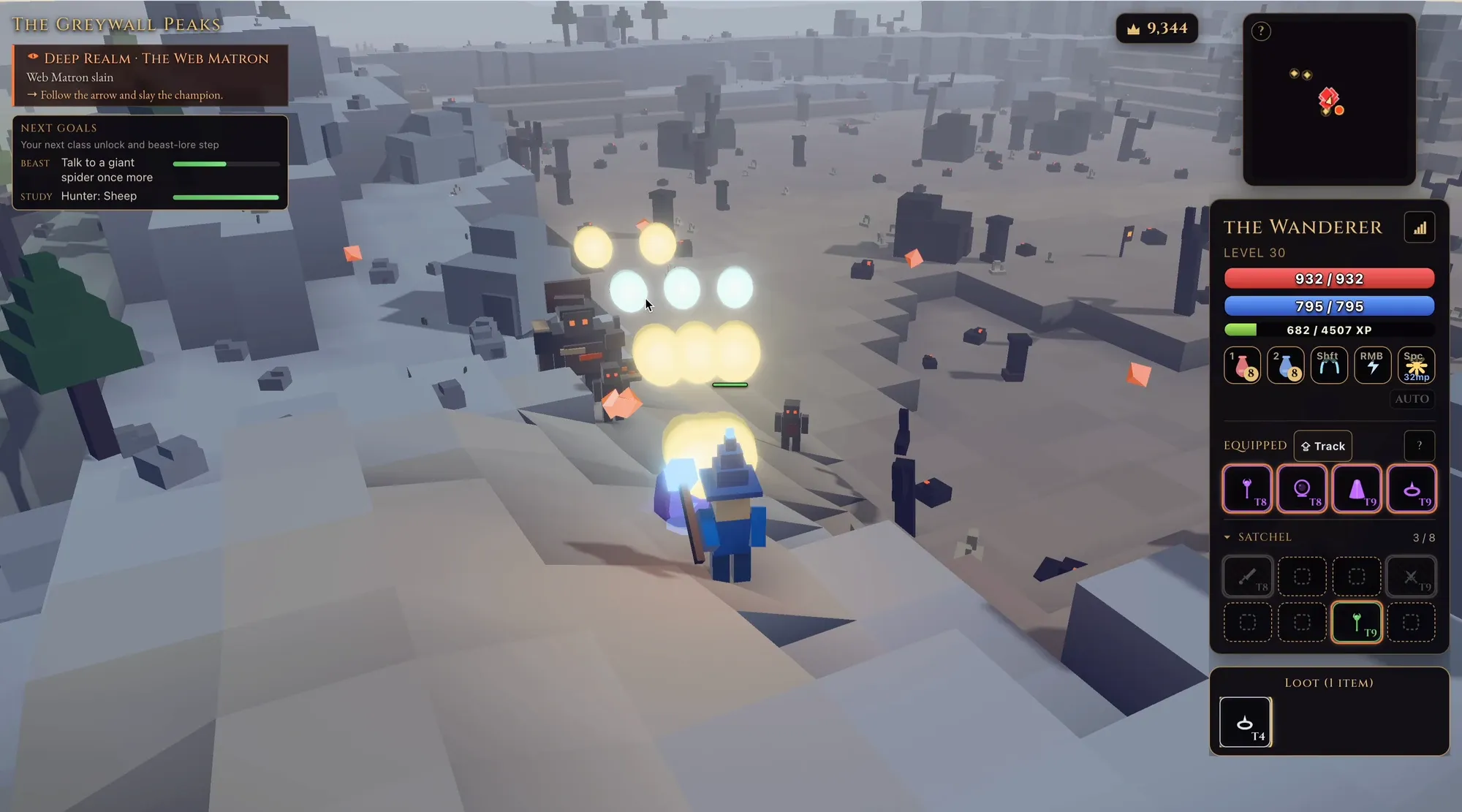 The Greywall Peaks in Ember Wilds: pale grey stone terraces under flat light, banners, and a cluster of glowing projectiles mid-flight.