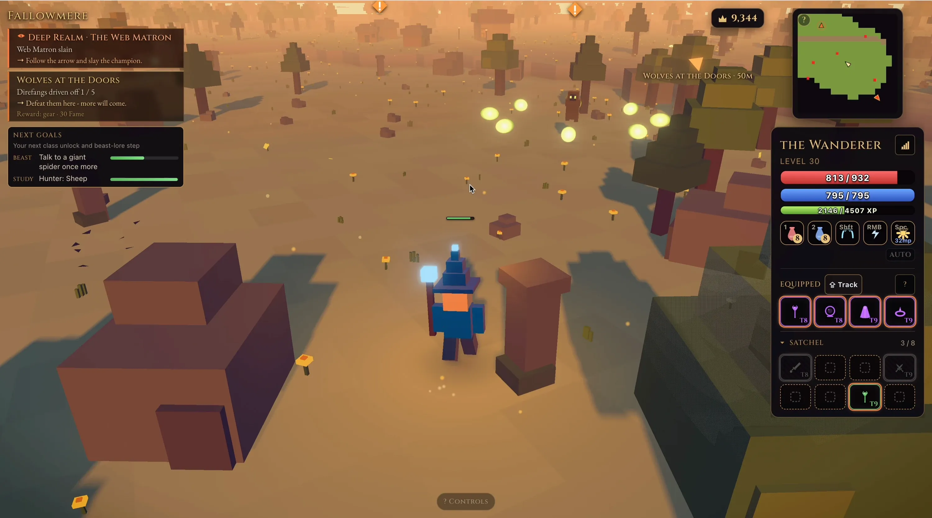 Fallowmere in Ember Wilds at dusk: an ember-orange plain of voxel trees, a level thirty character in the centre, quest log and satchel along the edges.