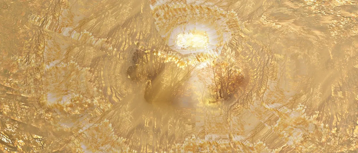 The backing plate: a smeared, inpainted version of the whole scene, sharp only down the centre of the path where the layers in front leave a gap.