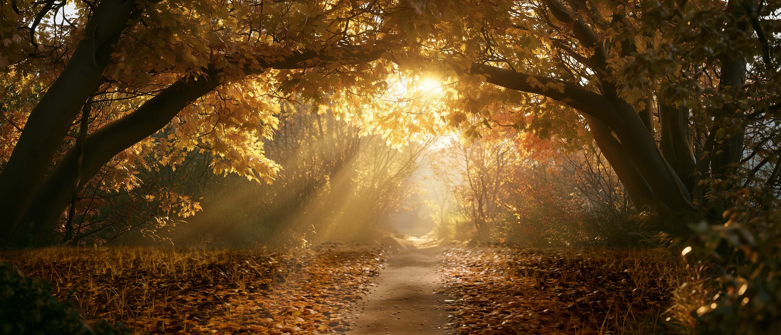 hidamari: an autumn canopy path at golden hour, low sun through orange leaves, the trail running away between the trees.