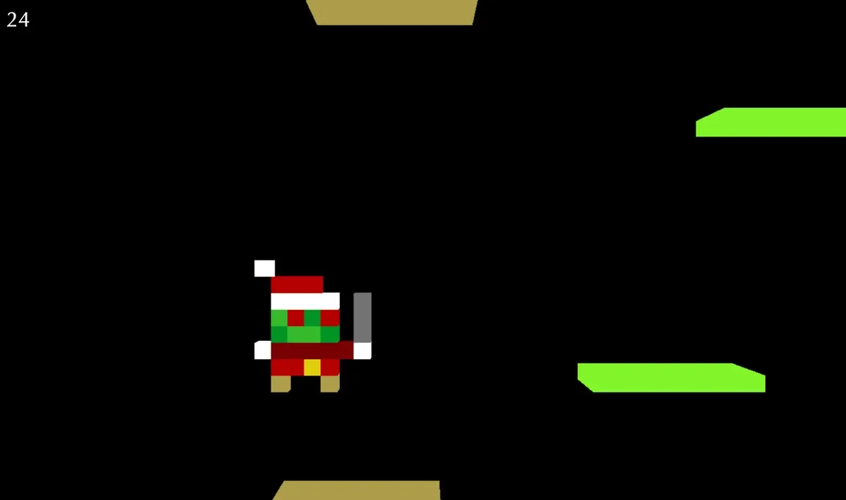 GrinchJump running in a browser: a low-poly figure on a stack of green platforms against a pale sky, score counter in the corner.