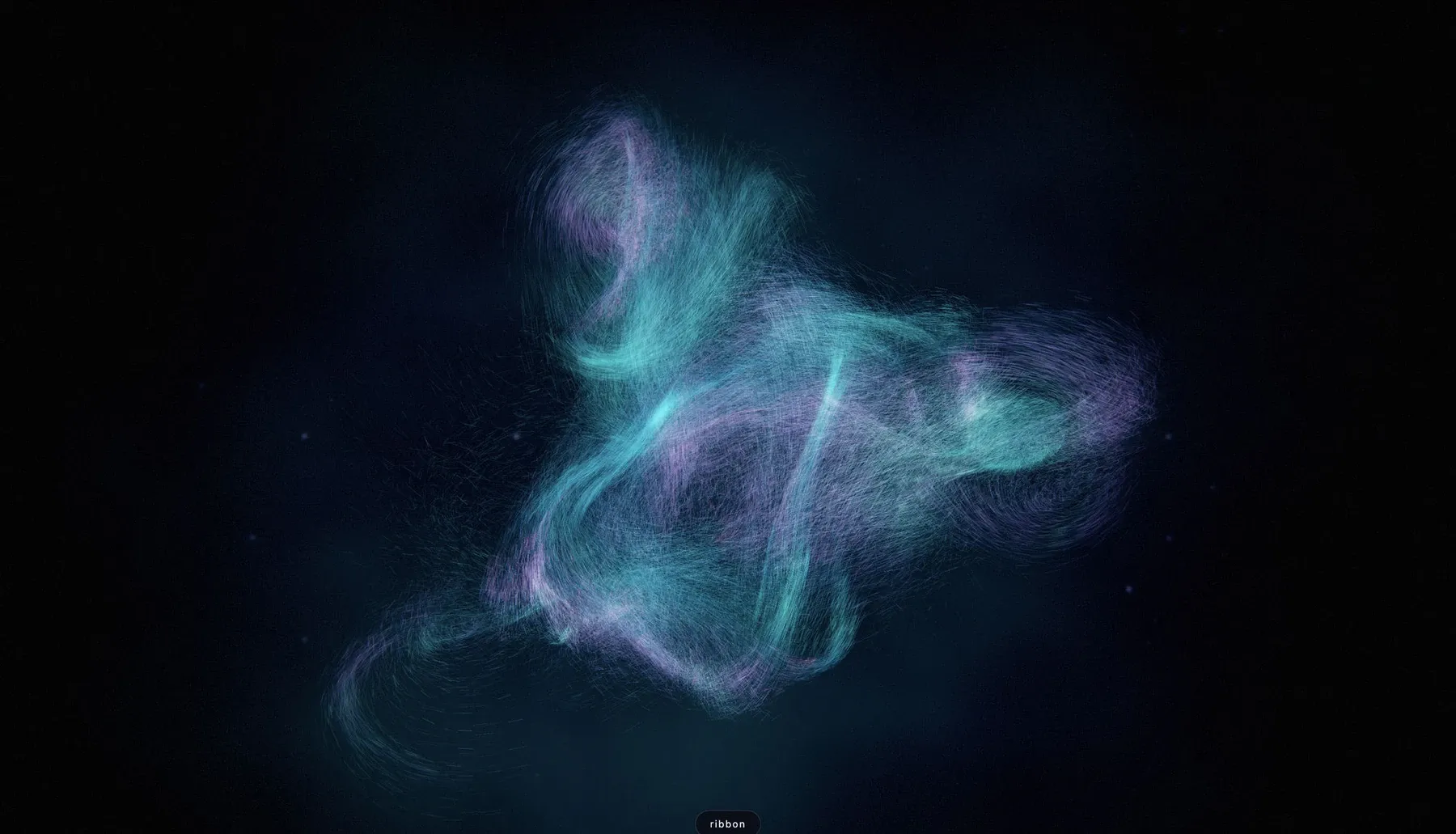 murmuration in ribbon style: long teal and violet strands drawn out into continuous calligraphic curves against black.