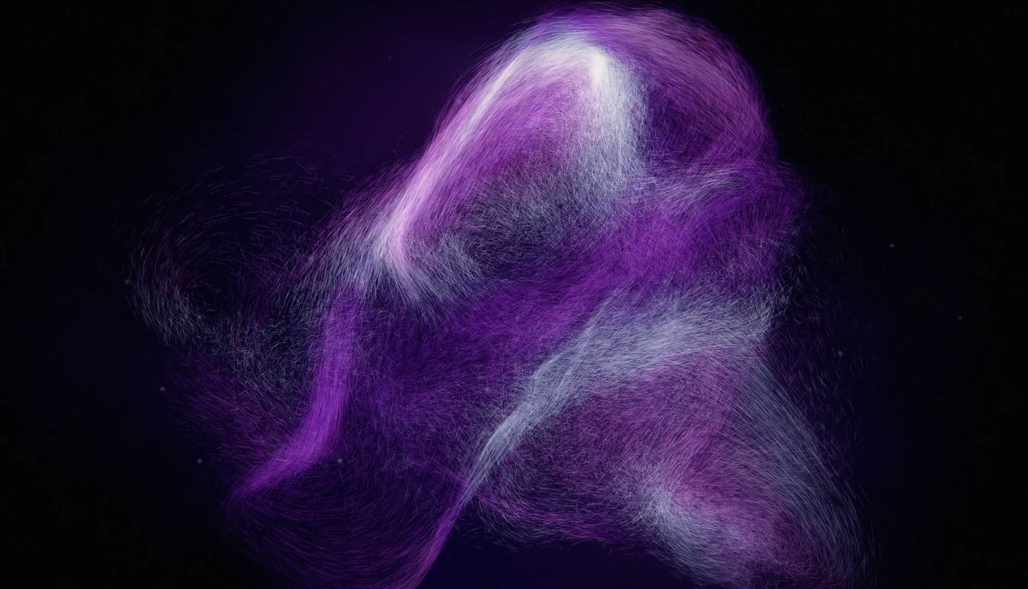 murmuration in ribbon style: a dense violet and white form of drawn-out particle streaks against black, filling most of the frame.