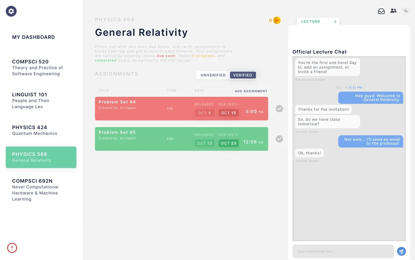 The Physics 568 course page in its light theme: two problem sets with released and due dates in a table, and a docked Official Lecture Chat panel on the right carrying five messages between two students.
