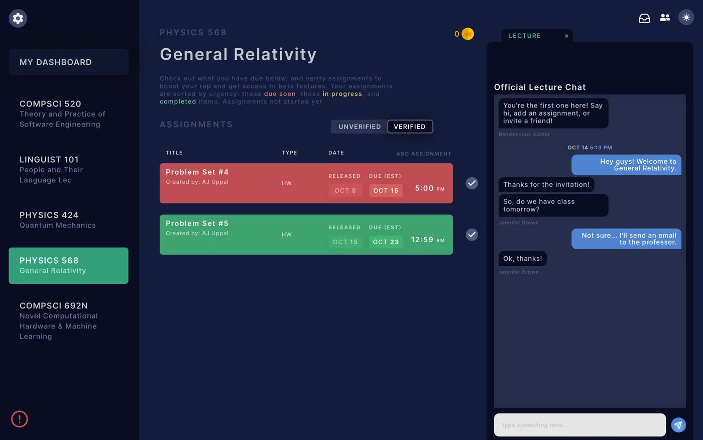 The identical course page and the identical chat in the dark theme, the same two problem sets and the same five messages, changed only in colour.