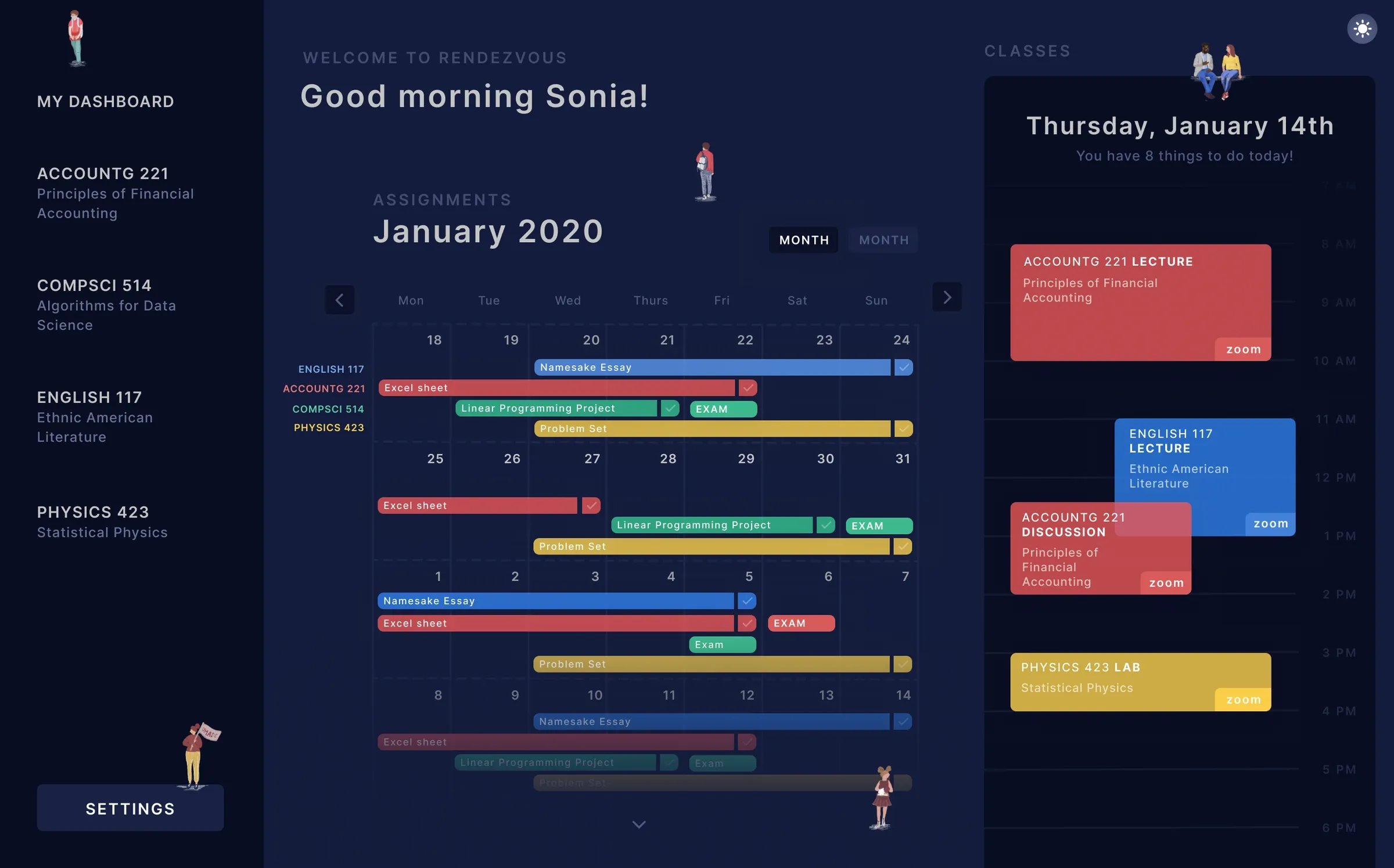 The Rendezvous dashboard in its dark theme: four courses listed down a sidebar, a month of colour-coded assignment bars across a calendar, and a right-hand column of the day’s lectures, each with a Zoom button.
