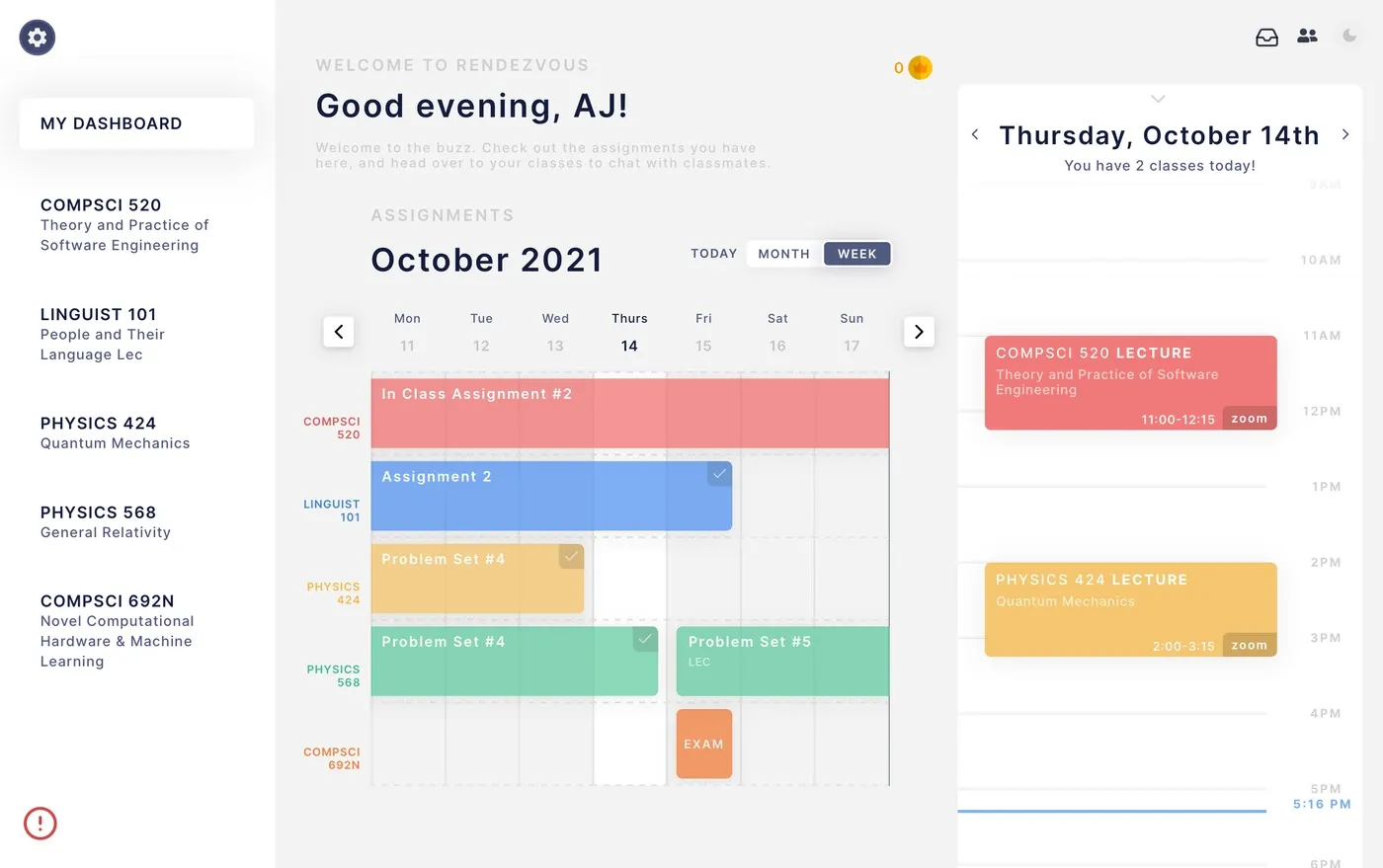 The same dashboard in its light theme, week view: five courses in the sidebar, a week of assignment bars, and two lectures on the right with their times.