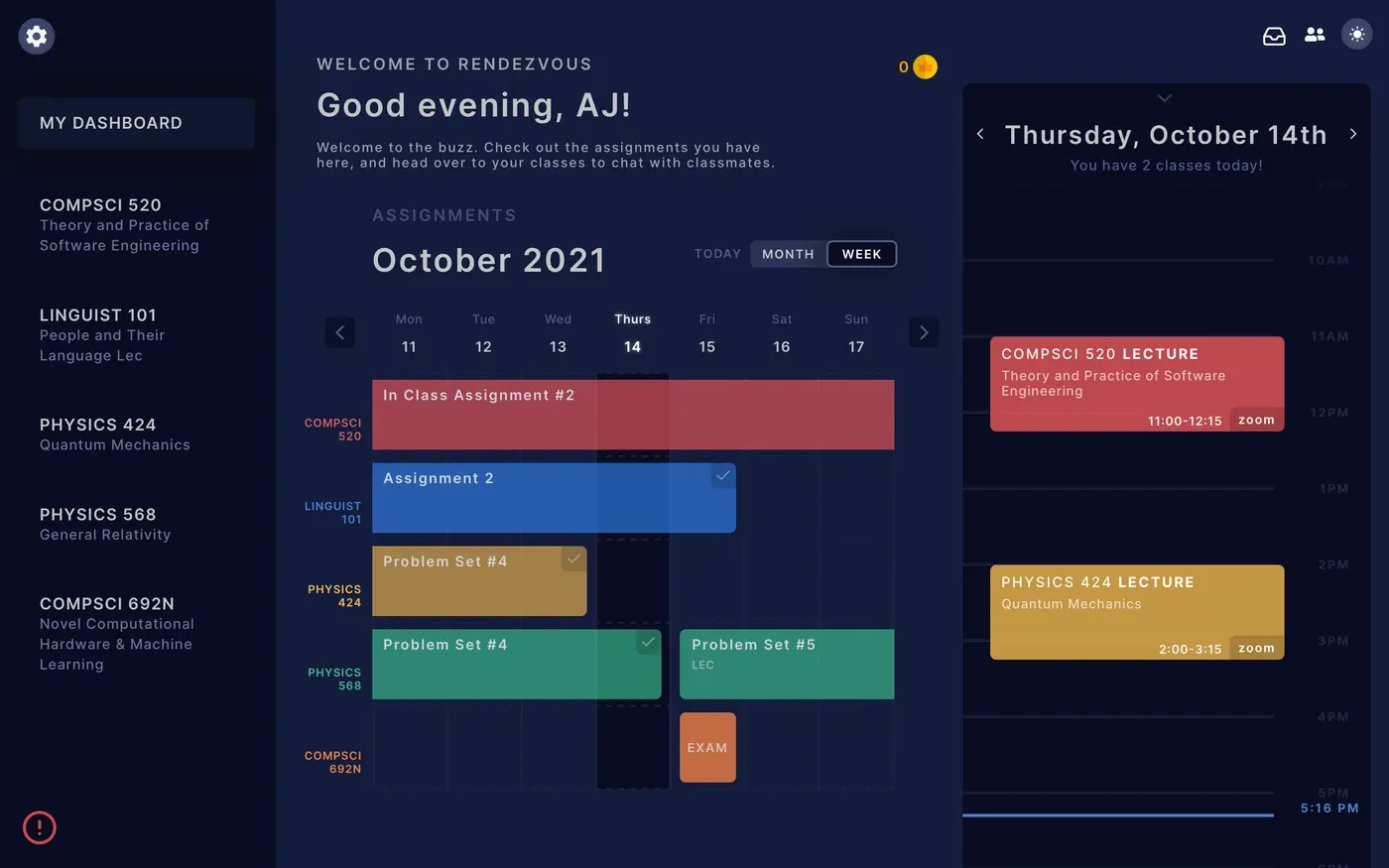 The identical view in the dark theme, the same courses and the same two lectures, changed only in colour.