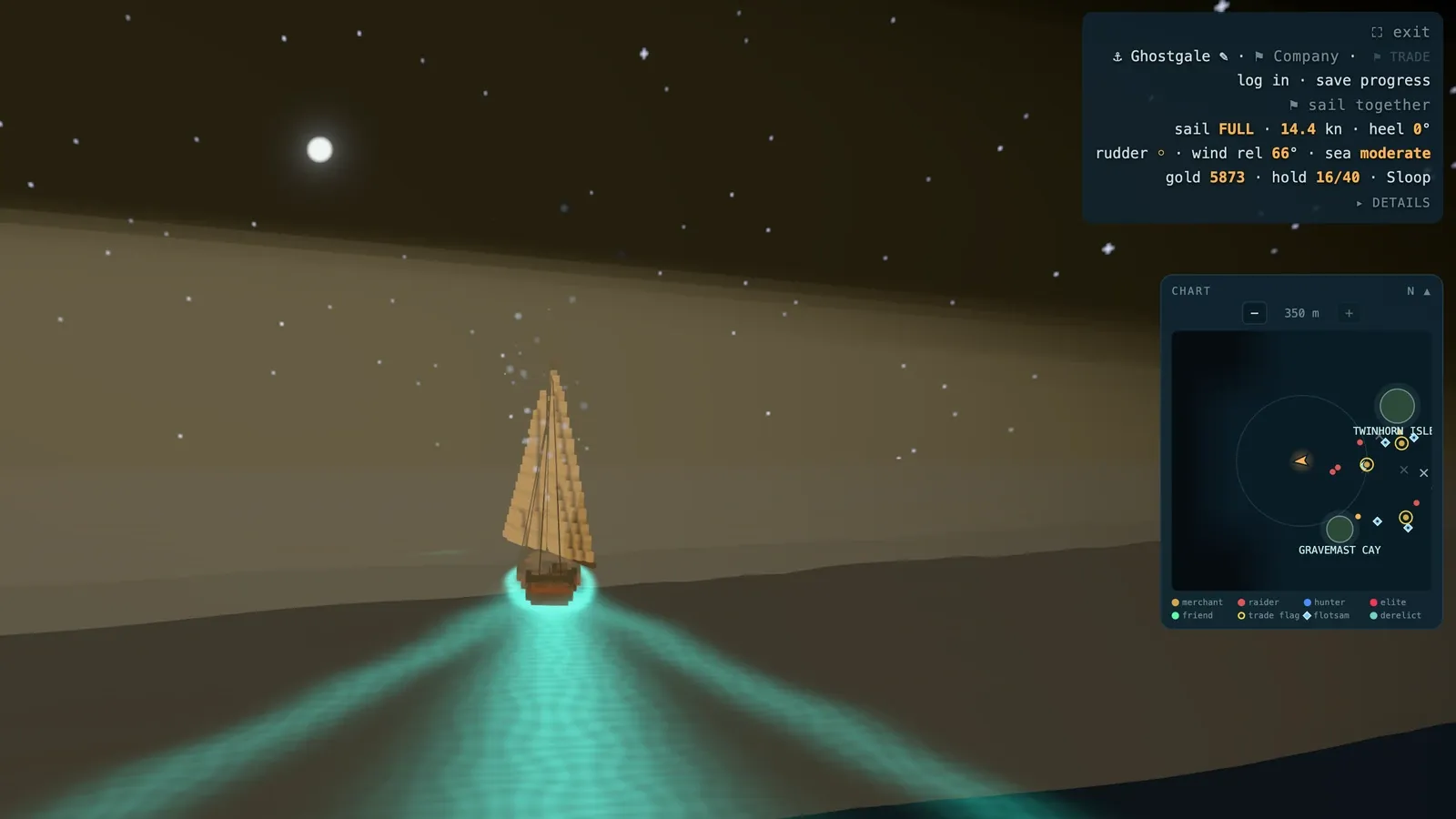 saltline at night: a full moon low over dark water, the sloop under full sail trailing a wide luminous teal wake.