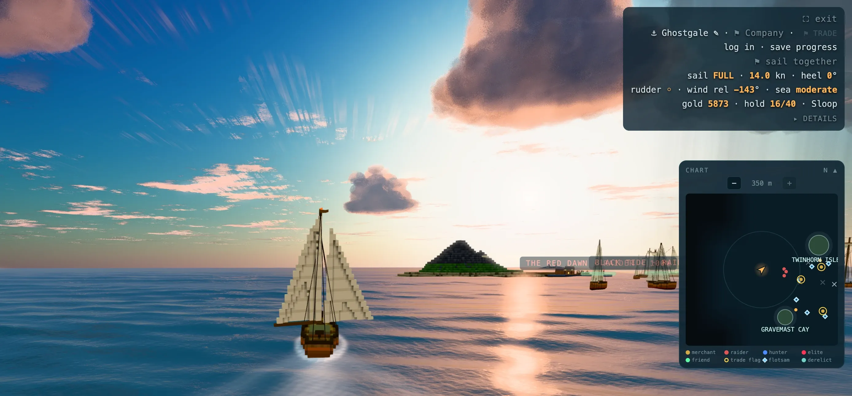 saltline at 06:31: an island silhouetted under a blue dawn sky, three named raiders strung along the horizon, a light path on the water, the sloop under full sail. The Ghostgale status panel and the nav chart sit down the right edge.