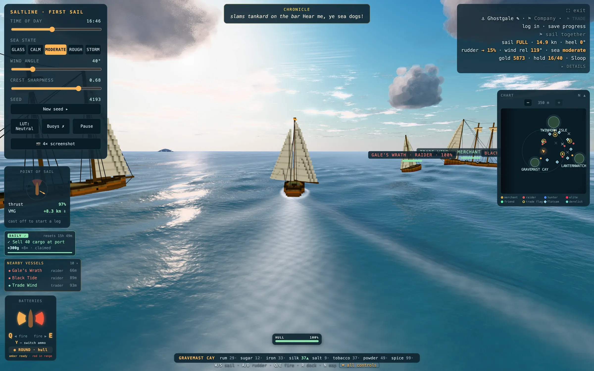 The same 16:46 frame uncropped, with the development panel down the left edge: time of day, sea state, wind angle, crest sharpness and seed. Three raider contacts are marked on the nav chart.