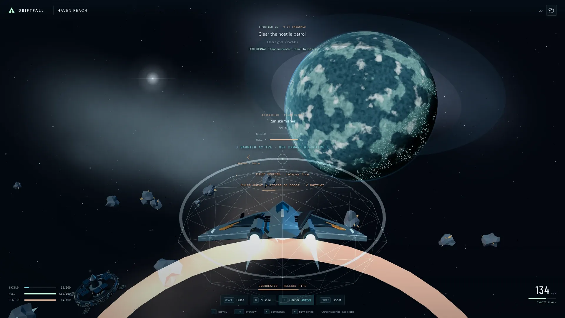 Driftfall in Haven Reach: AJ’s ship raises a spherical barrier during a Frontier run, with a blue planet above the asteroid field.