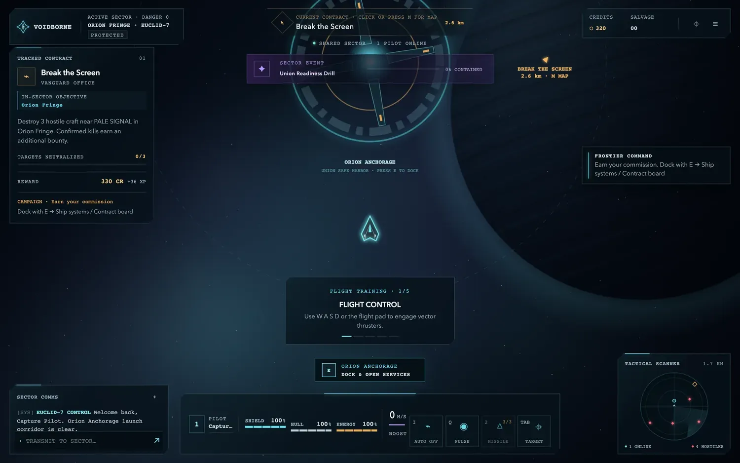 A new Voidborne Online pilot at Orion Anchorage, with the ship, tracked contract and flight HUD visible beneath the station.