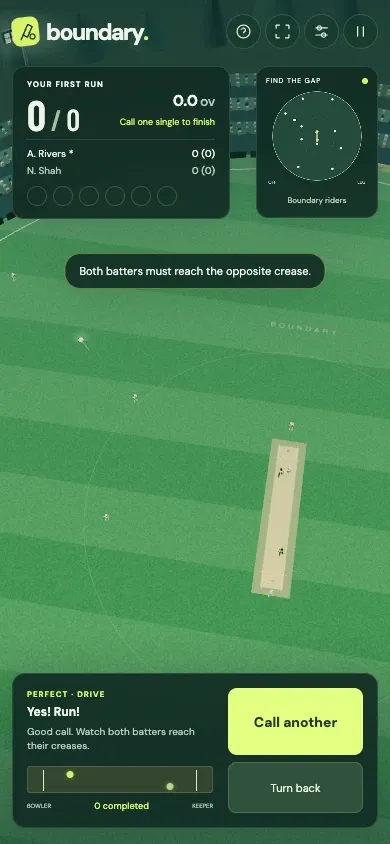 Boundary’s running view on a 390-pixel phone, with both batters on the pitch and Call another and Turn back controls.