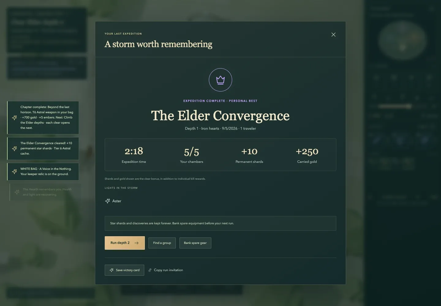 Bring Something Home’s expedition recap, showing a completed Elder Convergence and permanent shards earned.