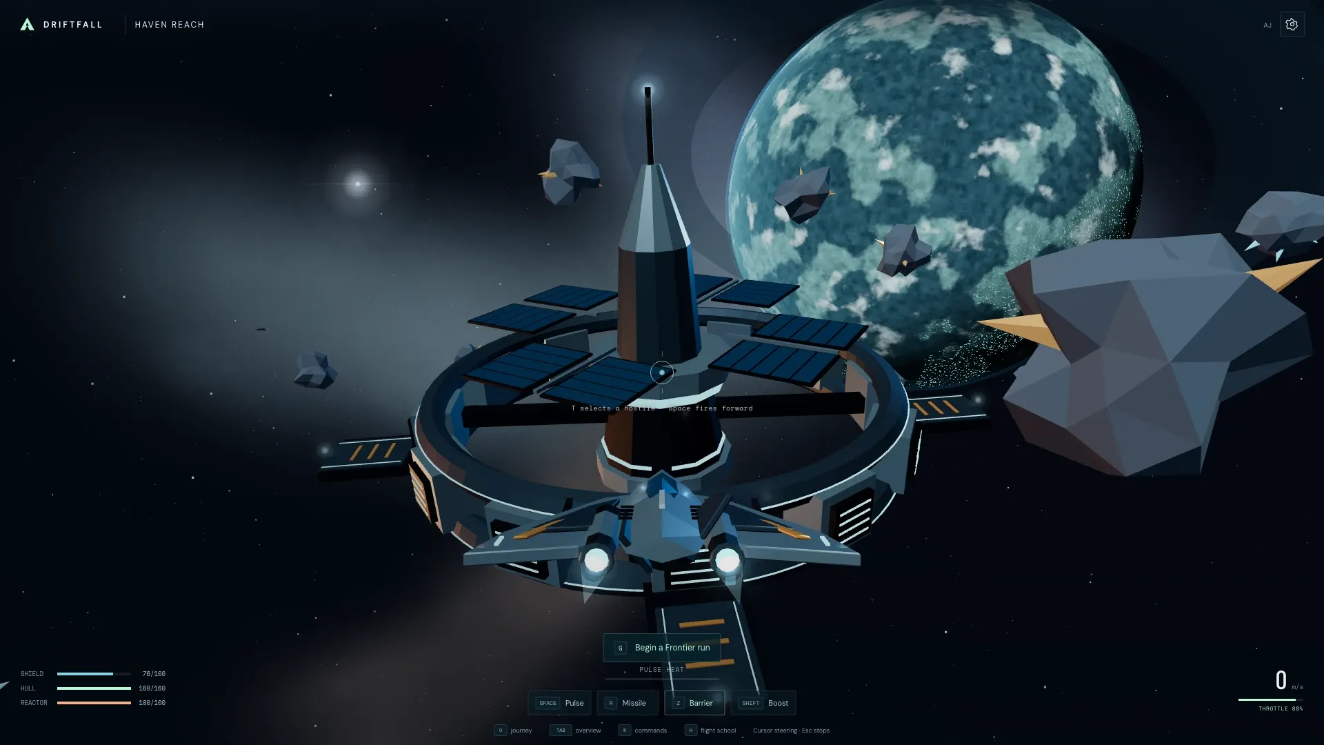 AJ’s ship approaches a ring-shaped station beneath a blue planet in Driftfall.