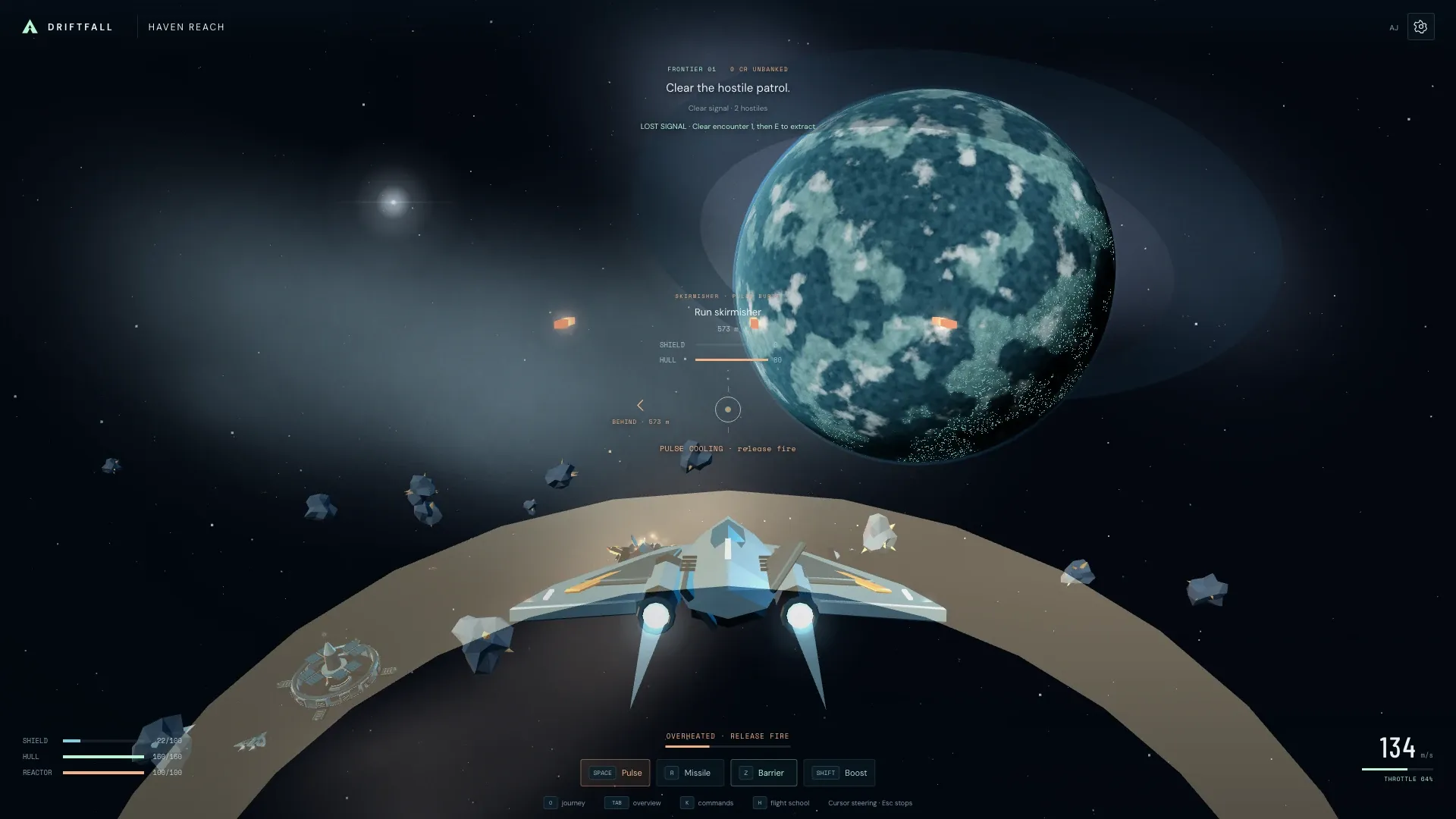 Driftfall’s chase camera follows a ship at 134 metres per second, with an active hostile patrol and pulse shots across the sky.