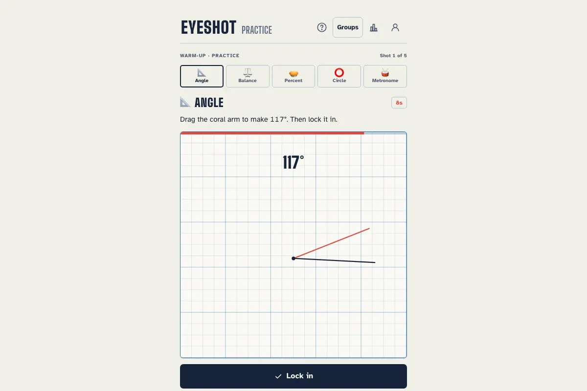 Eyeshot’s full practice interface: header, five tests, Angle prompt, graph, timer and Lock in button.