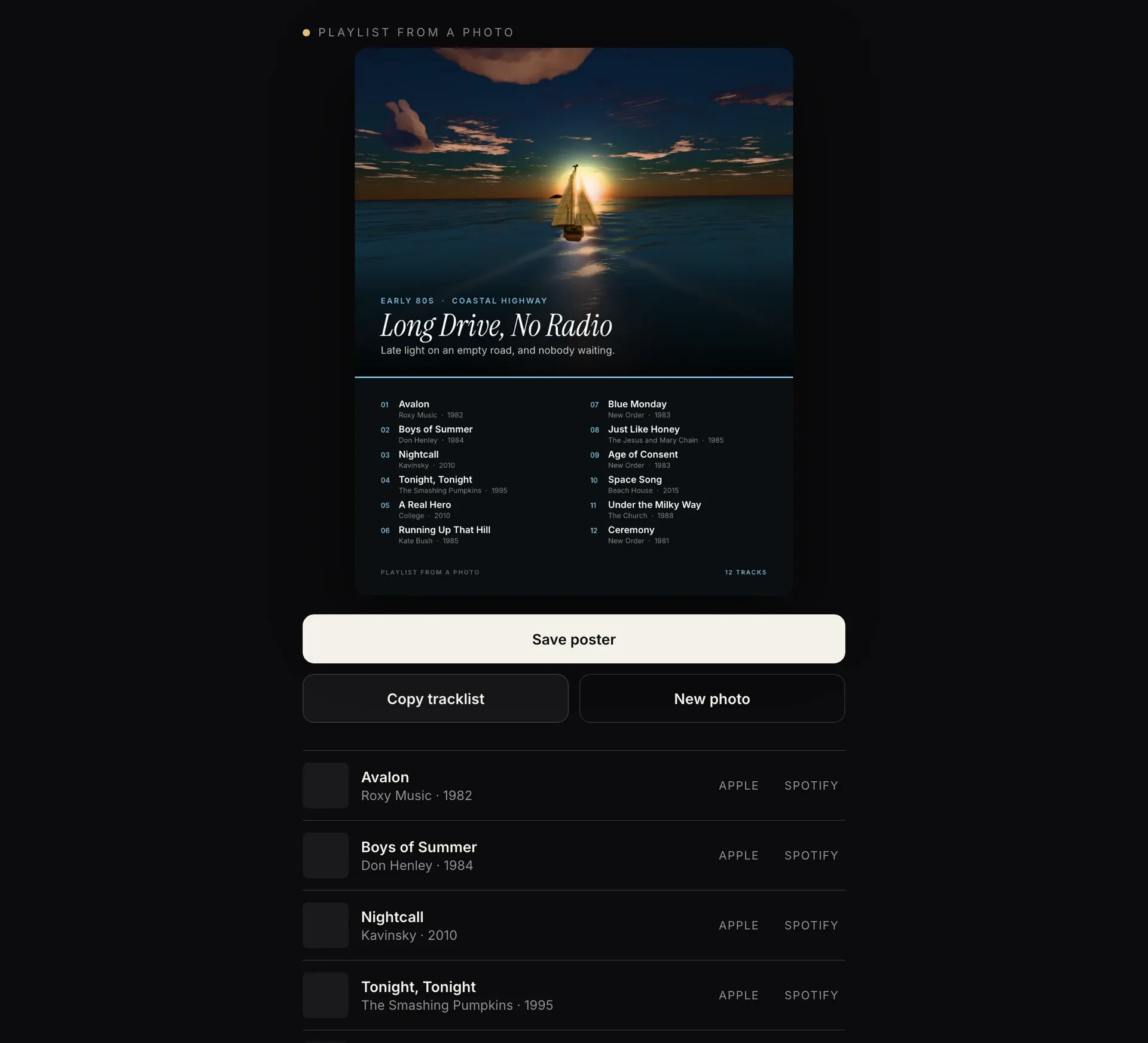 Playlist From a Photo running in the browser, with the Saltline sunrise poster, save controls and track list.