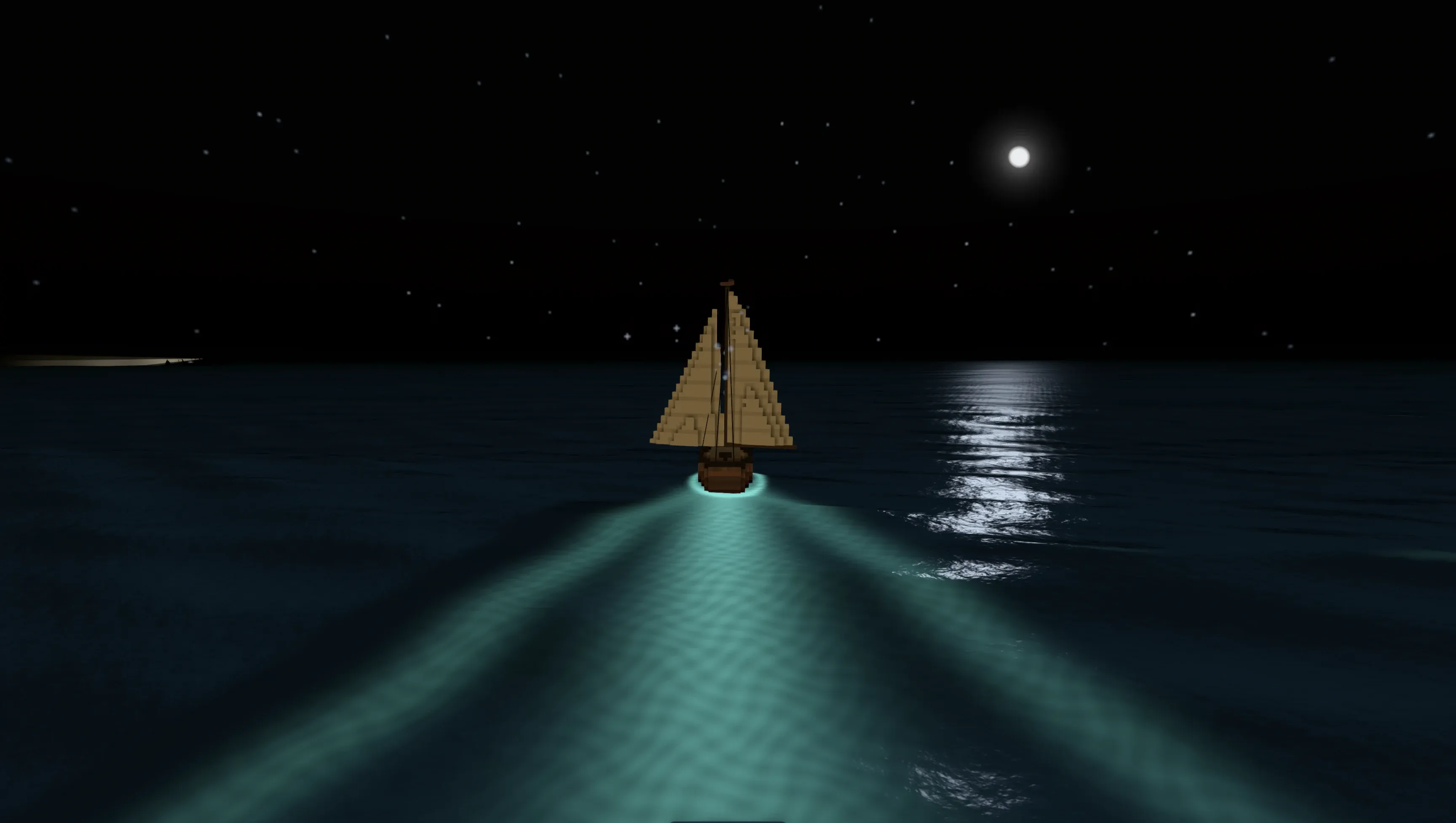 A sailboat crosses silver moonlight. Its cyan wake trails through dark water.