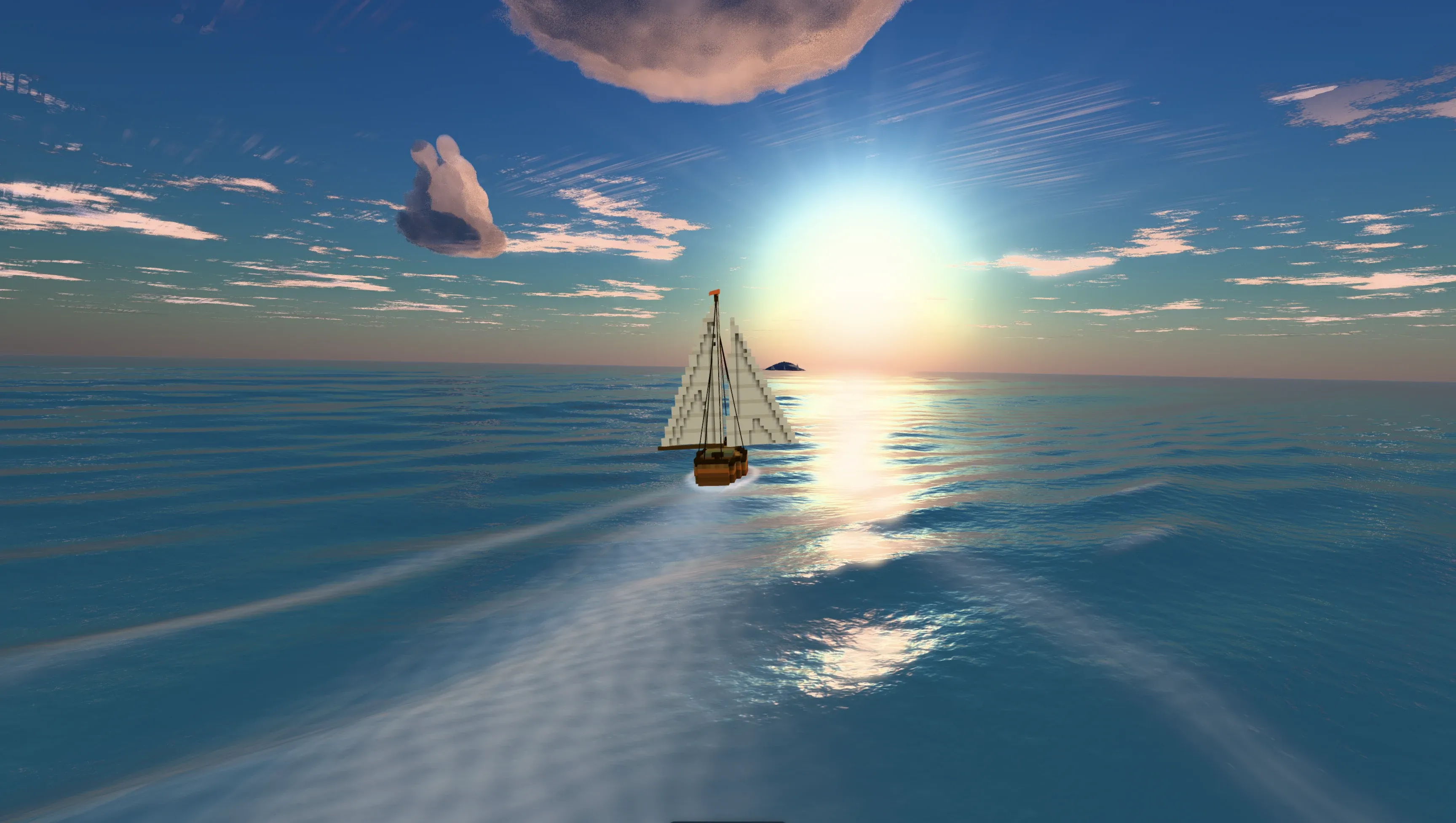 A sailboat on a clear blue morning, with bright sunlight scattered across the water.