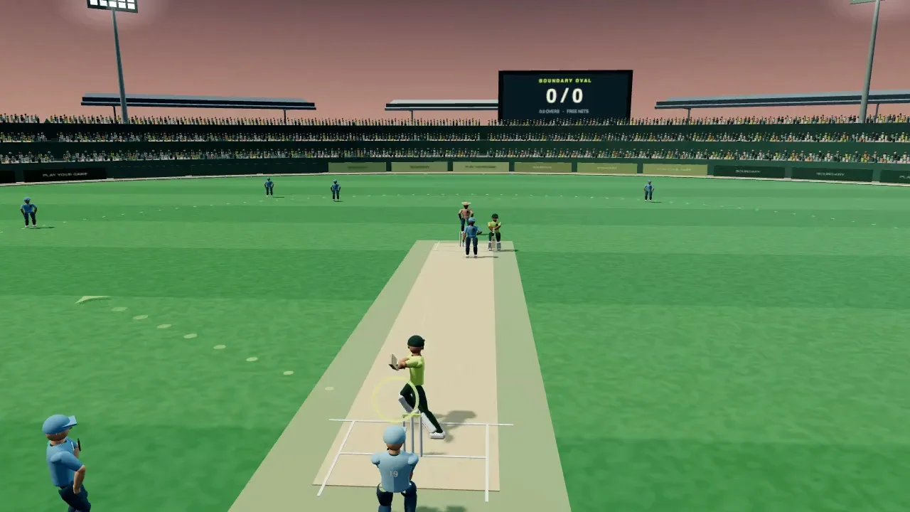 Boundary’s floodlit cricket ground, seen from behind the batter.