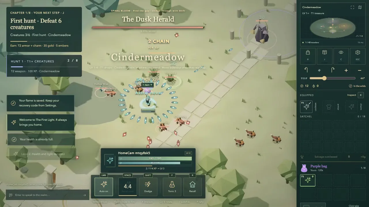 A fresh Arcanist in Cindermeadow, with creatures, projectiles and the equipment panel visible.