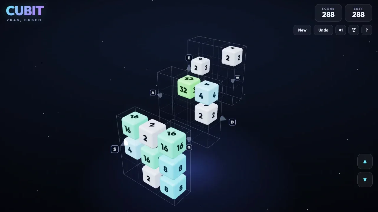 Numbered tiles spread across the three layers of Cubit.