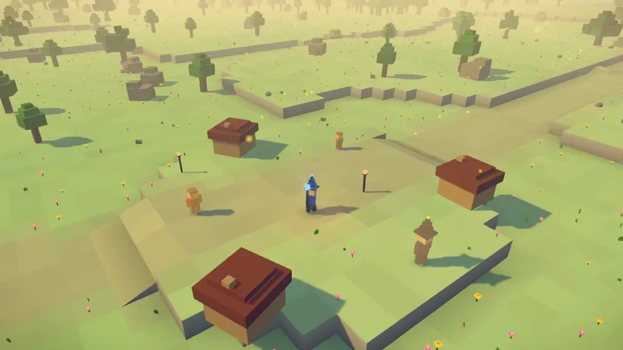 A Wanderer walking through the voxel village and fields of the Hearthvale in Ember Wilds.