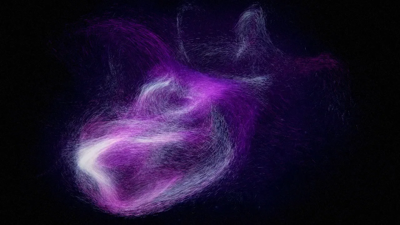 Violet and white ribbons of music-driven particles in Murmuration.