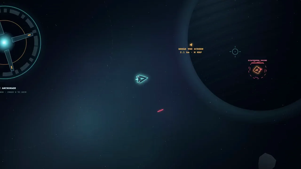 A cyan ship and a hostile drone beside a blue planet in Voidborne Online.