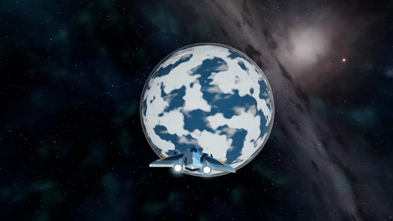 The Sparrow facing an icy planet against a star-filled sky in Voidreach.